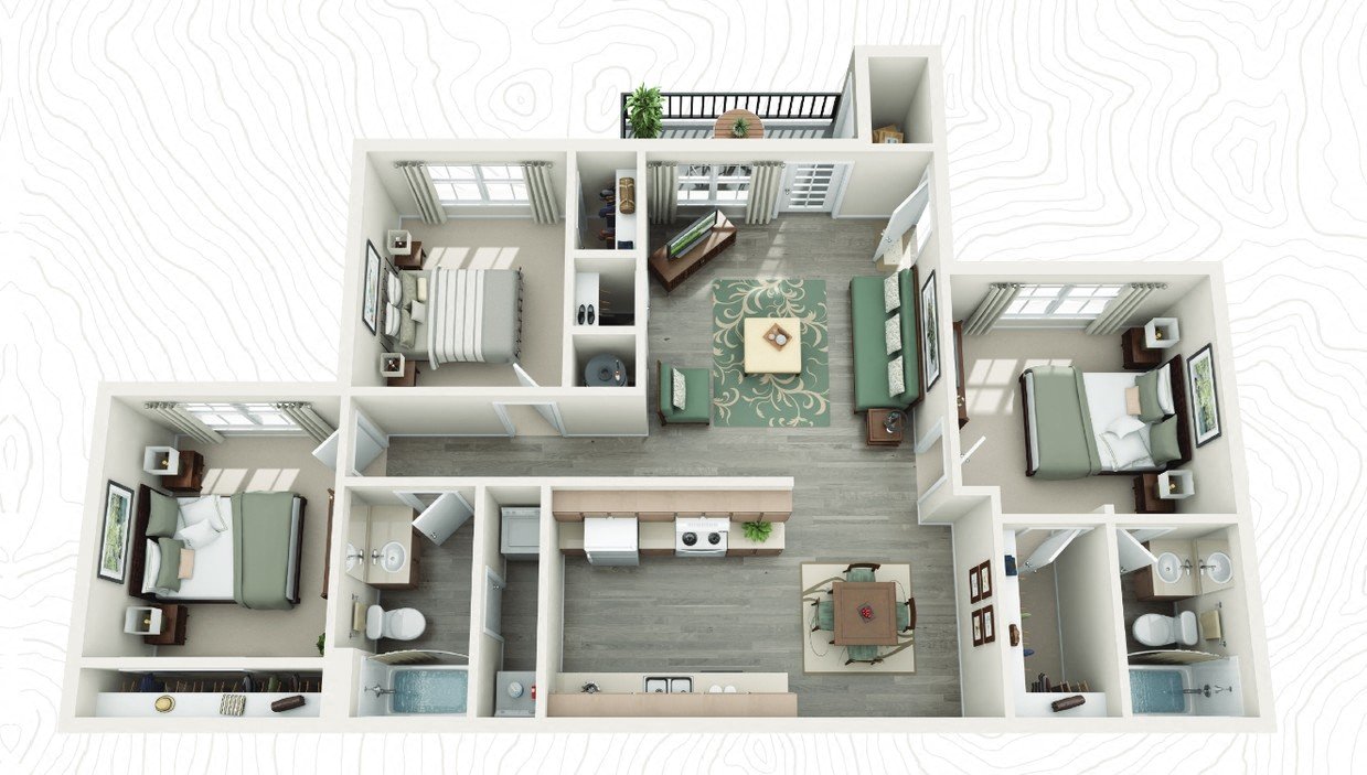Floor plan for 3 beds, 2 baths, 1096 sqft